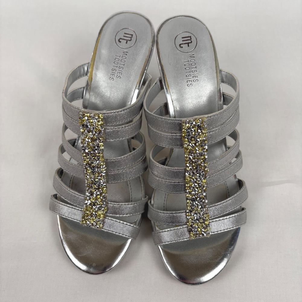 Mootsies Tootsies Harp Sandals 7M Silver Rhinestone Clear 3.5" Heel Glam Formal - Picture 3 of 8